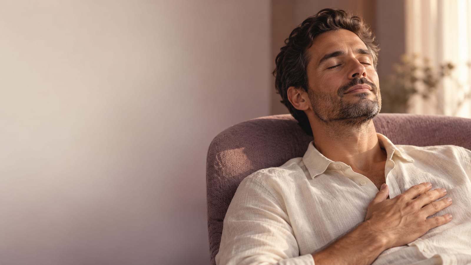 A man relaxed with a hand resting over his heart, eyes gently closed